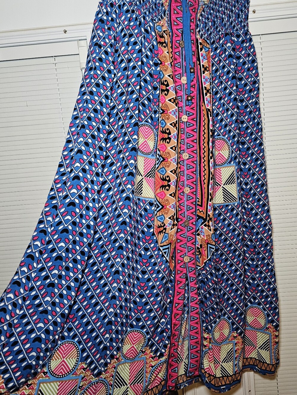Lapogee Women's Boho Maxi Skirt XL Blue Pink Geometric Drawsting Elastic